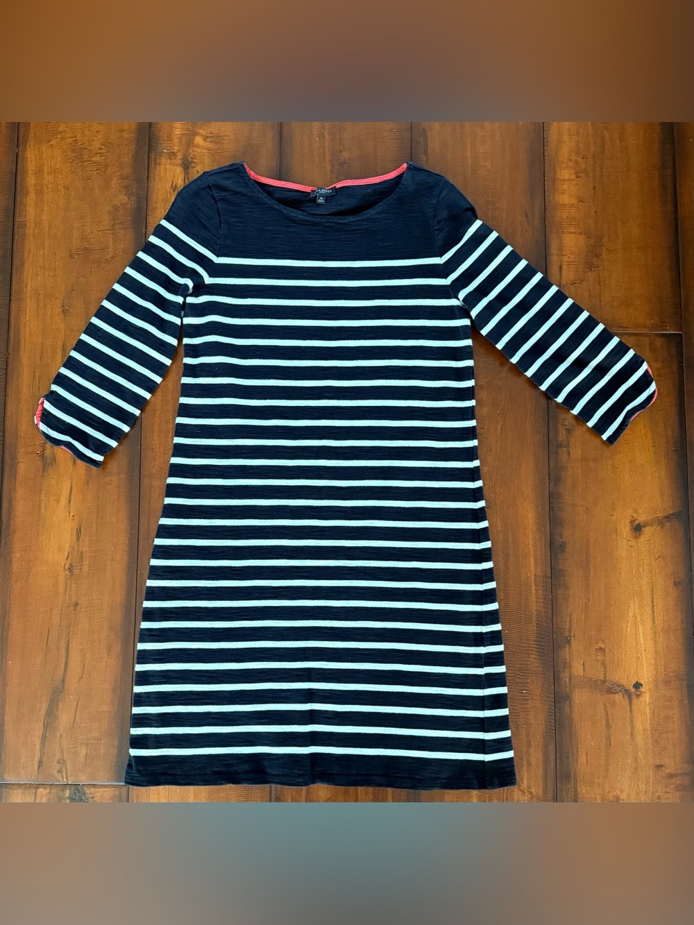 Talbots Black and White Striped Mini Dress with Coral Neck Trim